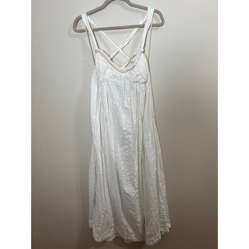 Free People White Textured Midi Dress Bohemian Open Back Tie Straps Womens Large - Picture 3 of 8